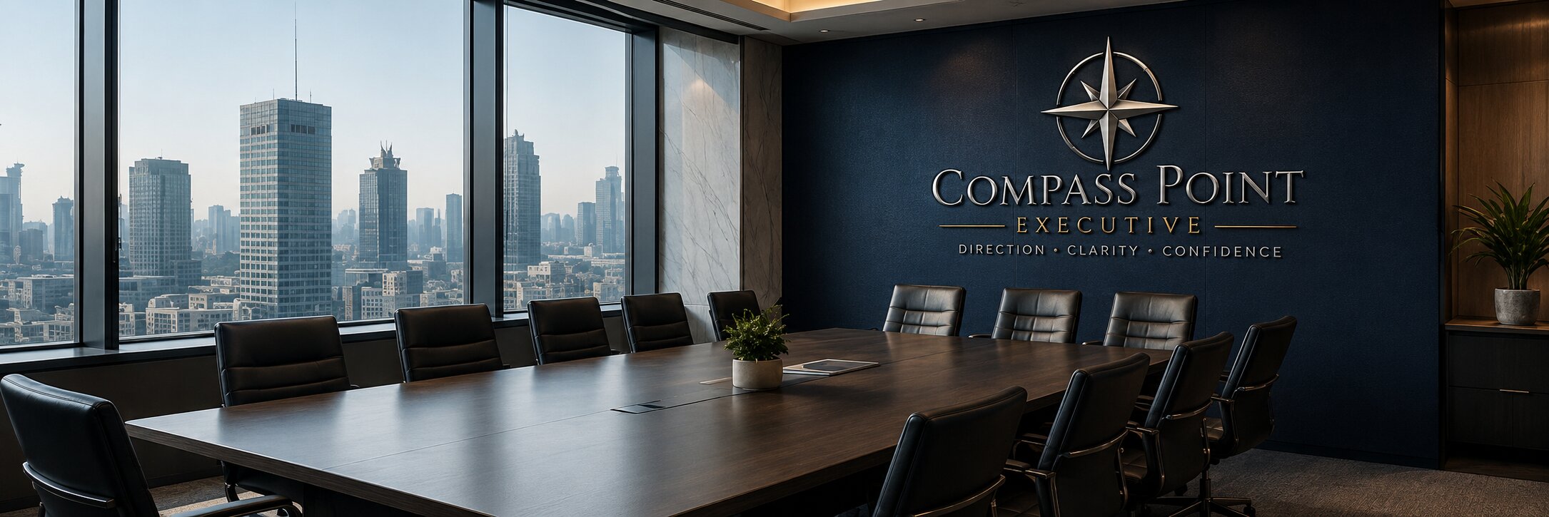 Executive boardroom with a city skyline view